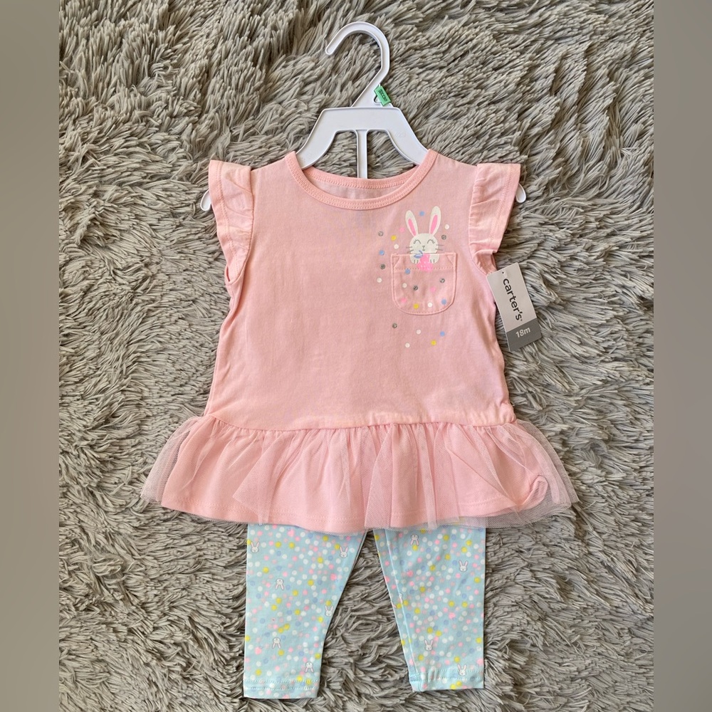 NWT Carter’s 2-Piece Bunny Peplum Tee & Polka Dot Leggings (Size: 18 Months)